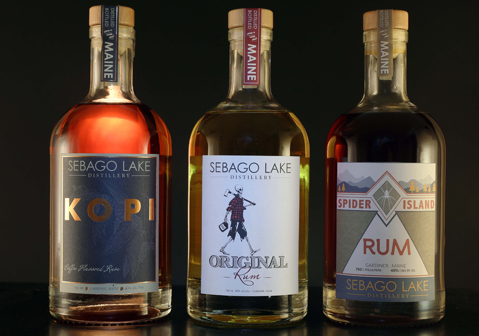 Sebago Lake Distillery KOPI Coffee Flavored Rum, Original Rum & Spider Island Rum Bottles 