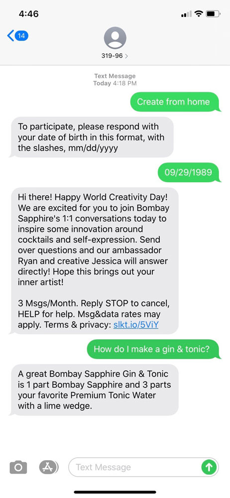 Bombay Sapphire a Creativity Text Message Hotline